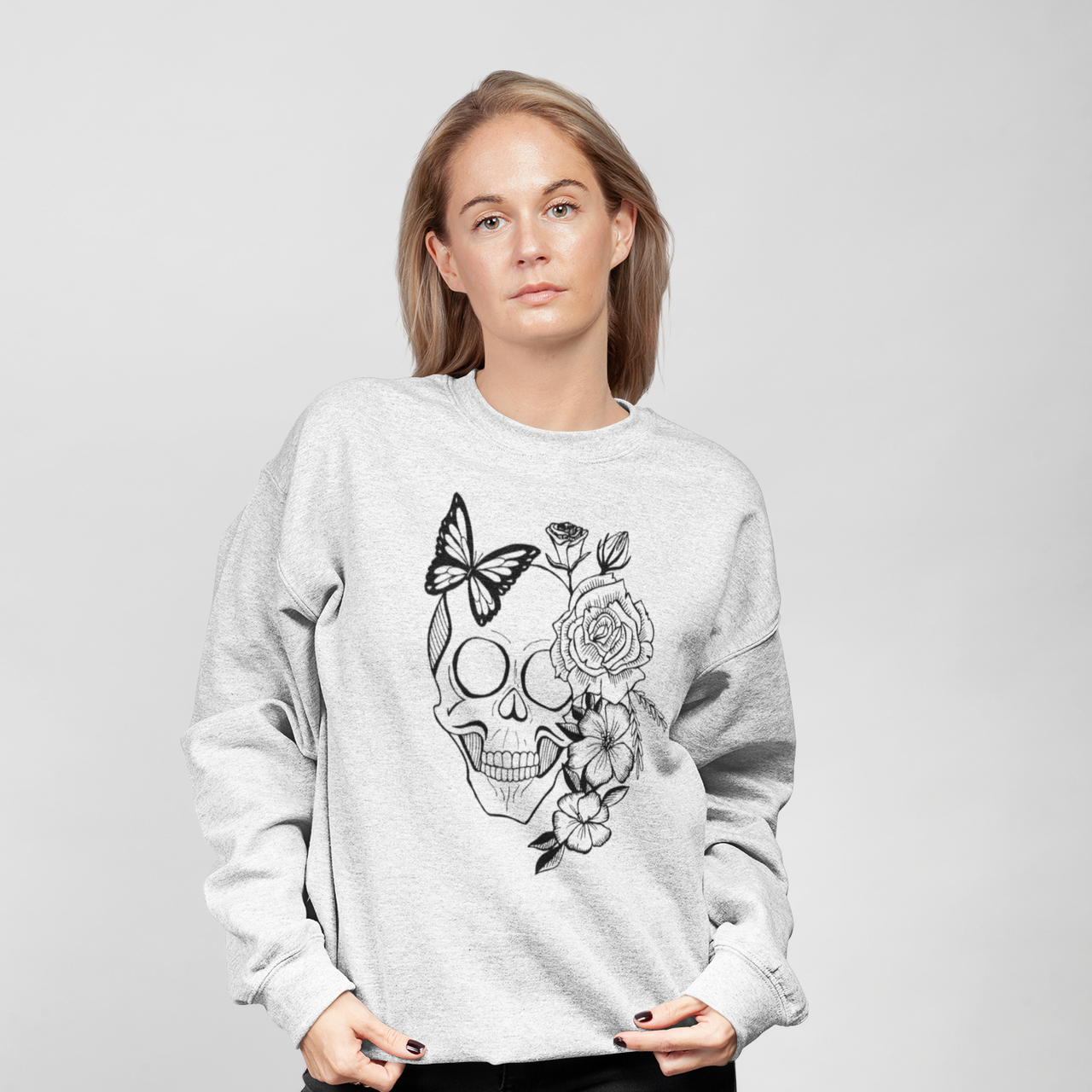 White Sweatshirt B&W Female Skull